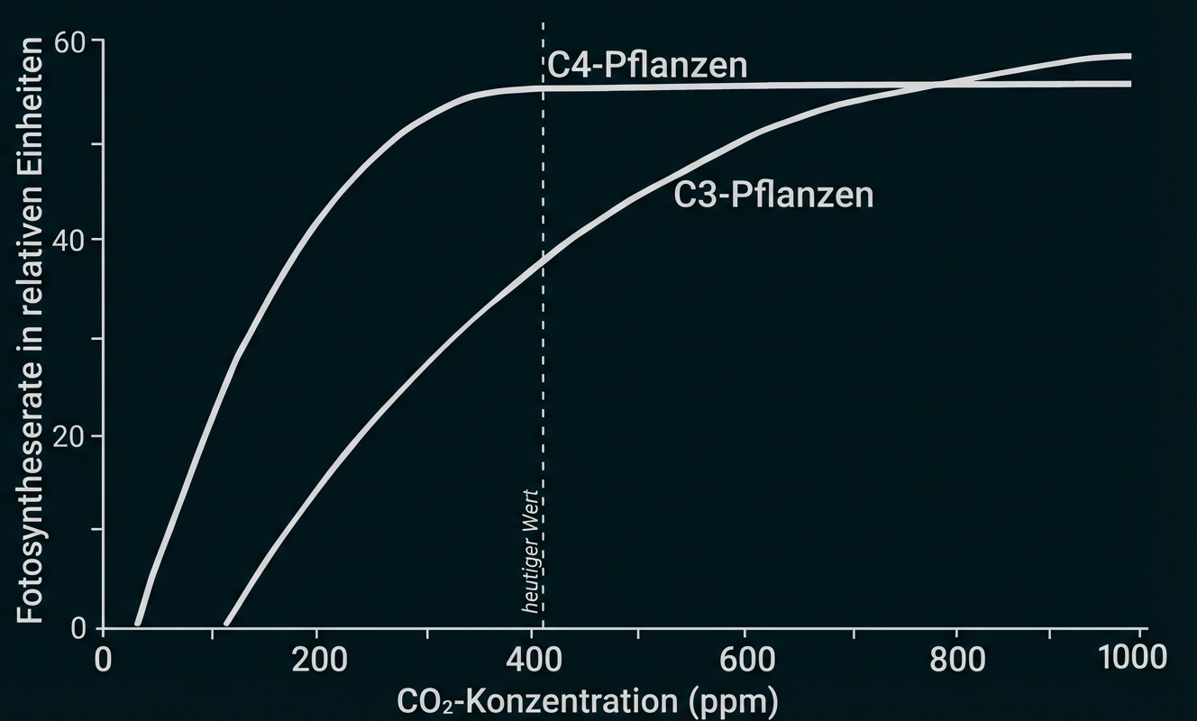 Diagramm: Fotosyntheserate vs CO2-Konzentration für C3- und C4-Pflanzen, gestrichelte Linie bei ~400 ppm.